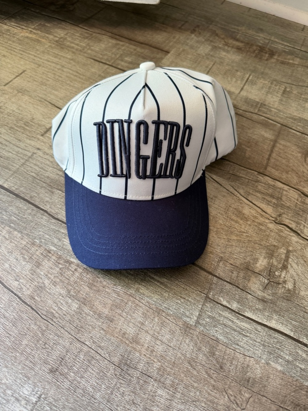 White Pinstripe 'DINGERS' Baseball Cap with Navy Brim